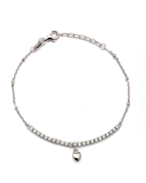 925 Sterling Silver Rhodium Plated CZ Heart Charm Bracelet