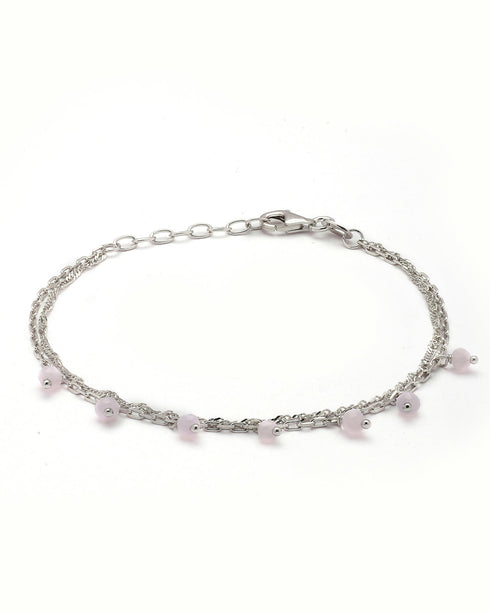 925 Sterling Silver Rhodium Plated Pink Glass Bead Double Chain Bracelet