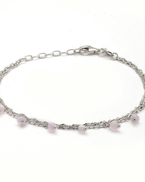 925 Sterling Silver Rhodium Plated Pink Glass Bead Double Chain Bracelet