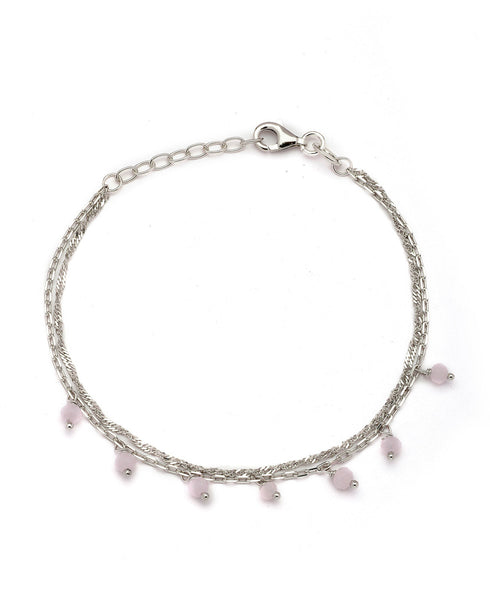 925 Sterling Silver Rhodium Plated Pink Glass Bead Double Chain Bracelet