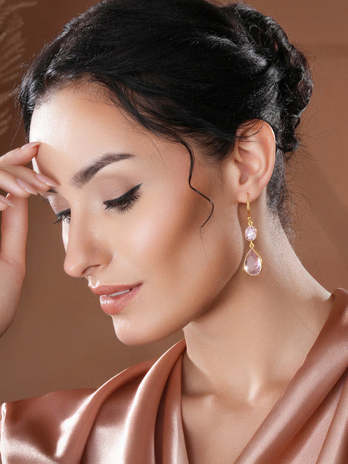 Gold Toned Blush Pink Cyrstal tear drop dangler shaped minimal Earrings