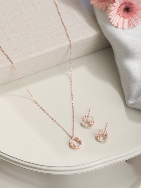 Anti-Tarnish Rose Gold Plated AD Studded Minimal Circular Floral Pendant Jewellery Set