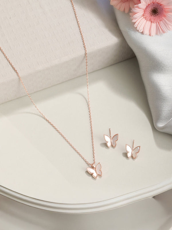 Anti-Tarnish Rose Gold Toned Faux Pearl Butterfly Minimal Chain Pendant Jewellery Set
