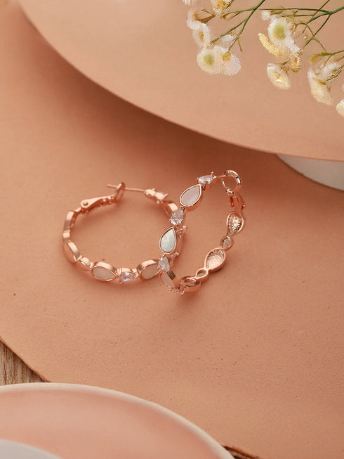 Anti-Tarnish Rose Gold Toned Faux Pearl AD Studded Hoop Minimal Bali Earrings