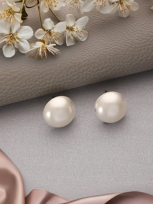 Anti-Tarnish Rhodium Toned Button Pearls Of 16mm Dailywear Studds Earrings