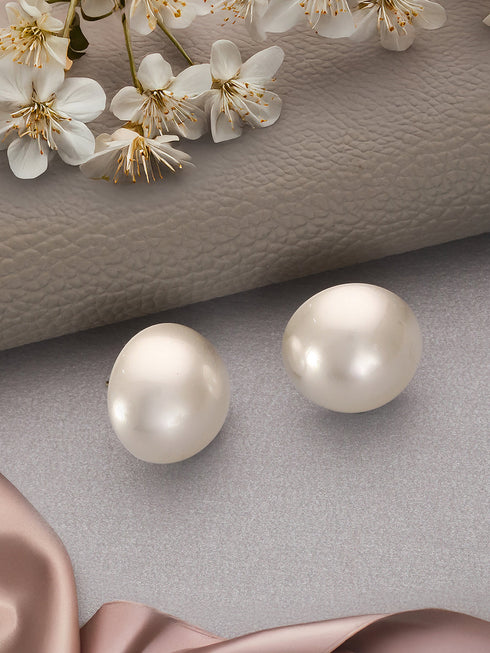 Anti-Tarnish Rhodium Toned 26 mm Round Button Pearls Large Studds Earrings
