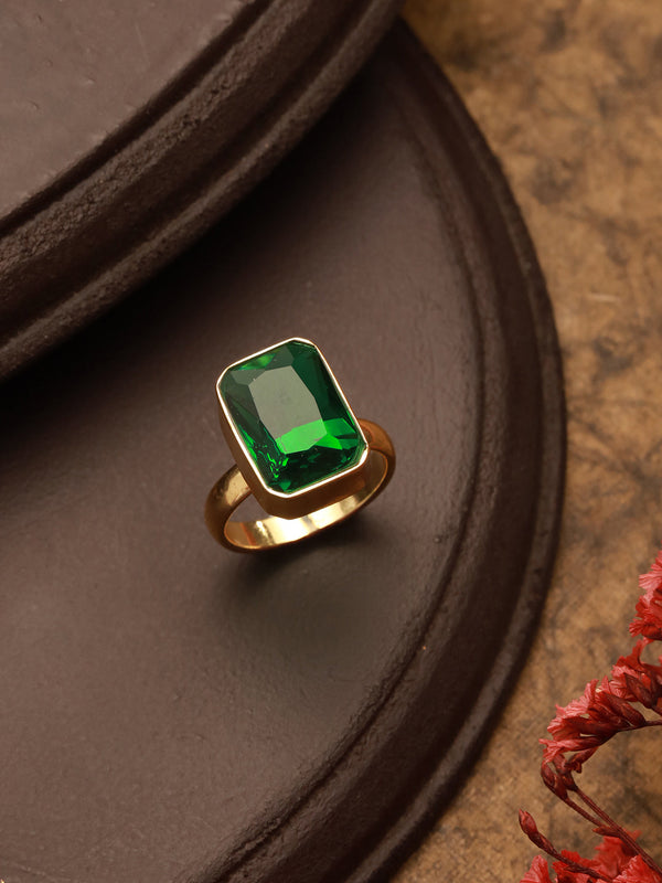 Gold plated Sapphire Emerald Green Rectangular Minimal Adjustable Finger Ring