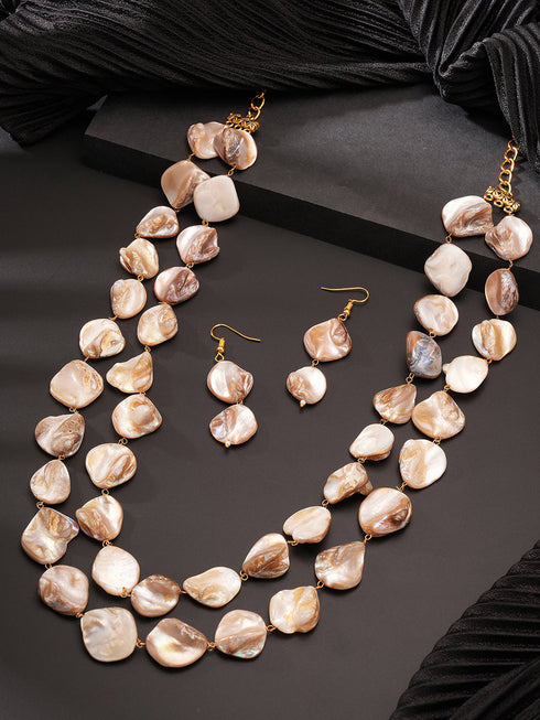 Beige Natural Stoned Beaded Embedded Double Layered Trendy Maala Necklace jewellery Set