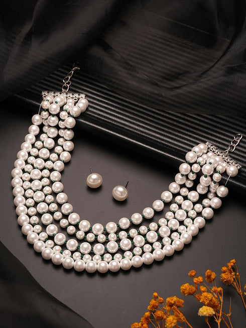 White Pearl Beaded Multi Layered Trendy Choker Necklace Jewellery Set
