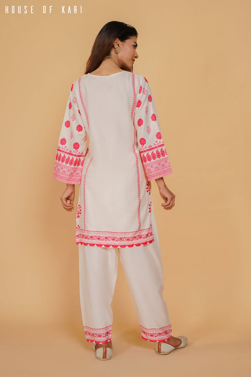 Shivani in Printkari Poly Muslin Co-ord set in Off White PINK