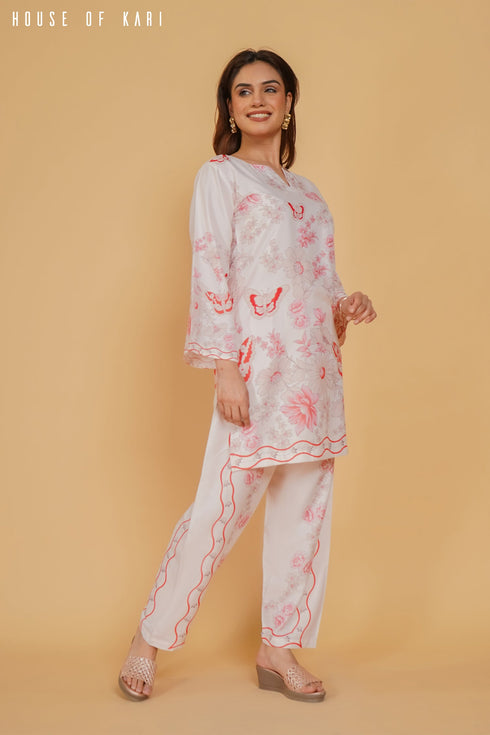 Printkari Poly Muslin Co-ord set in Pink with Red