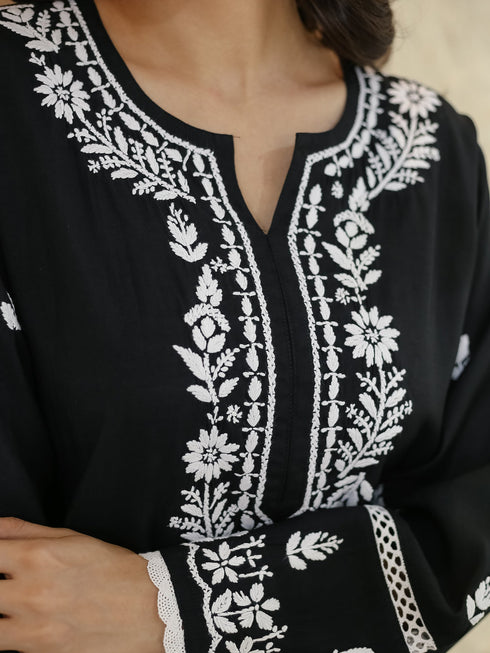 Saba Chikankari Long kurta in Modal Silk - Black