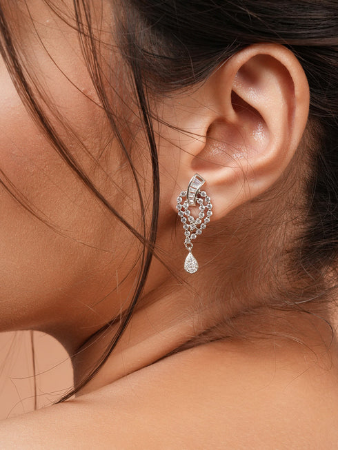 925 Sterling Silver Cubic Zirconia Studded Quirky Drop Earrings