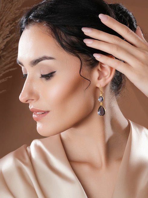 Gold Toned Blue Cyrstal tear drop dangler shaped minimal Earrings