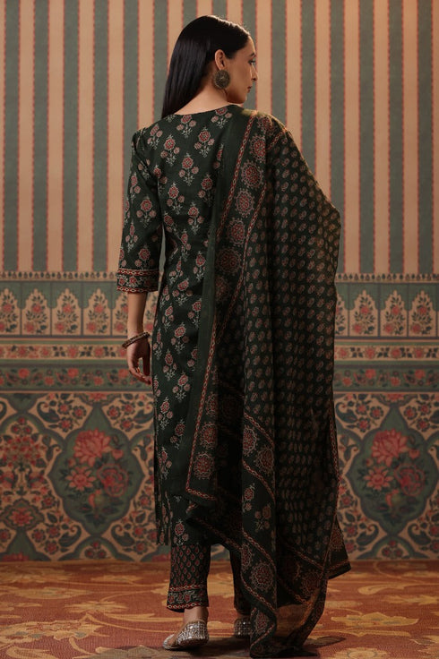 Women Green Ethnic Printed Pure Cotton Straight Kurta Set