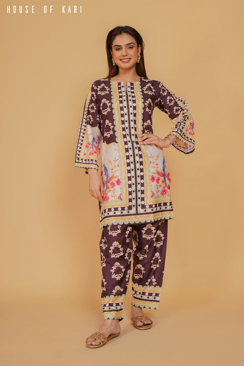Printkari Poly Muslin Co-ord set in Brown Mulicolour