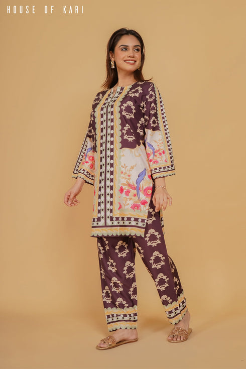 Printkari Poly Muslin Co-ord set in Brown Mulicolour