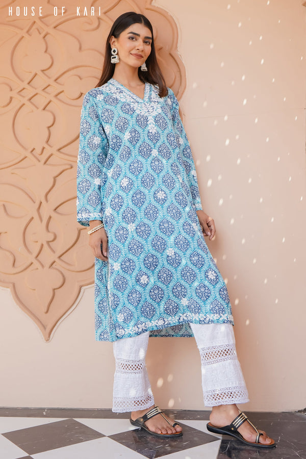 Mul Cotton Chikankari Long Kurta in Blue