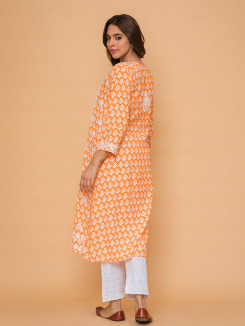 Saba Chikankari Kurta in Muslin - Orange