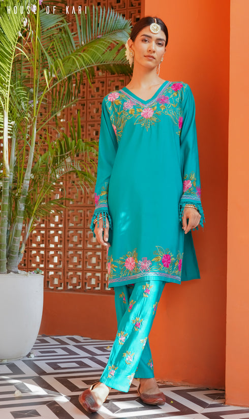 Kashmiri Aari Work Cotton Kurta Set - Tourquise Green