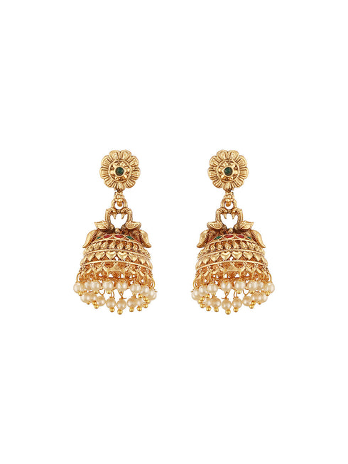 Gold Finish Green Kempo Studded Peacock Design Temple Jhumka Earrings