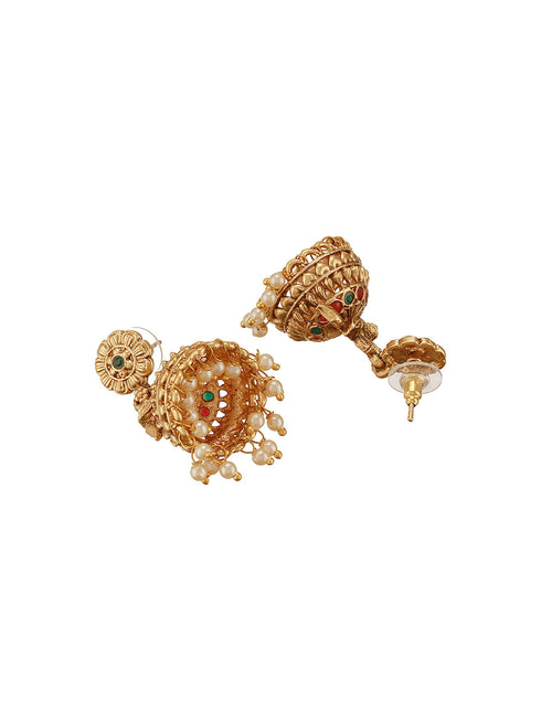 Gold Finish Green Kempo Studded Peacock Design Temple Jhumka Earrings