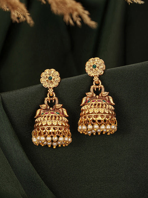 Gold Finish Green Kempo Studded Peacock Design Temple Jhumka Earrings