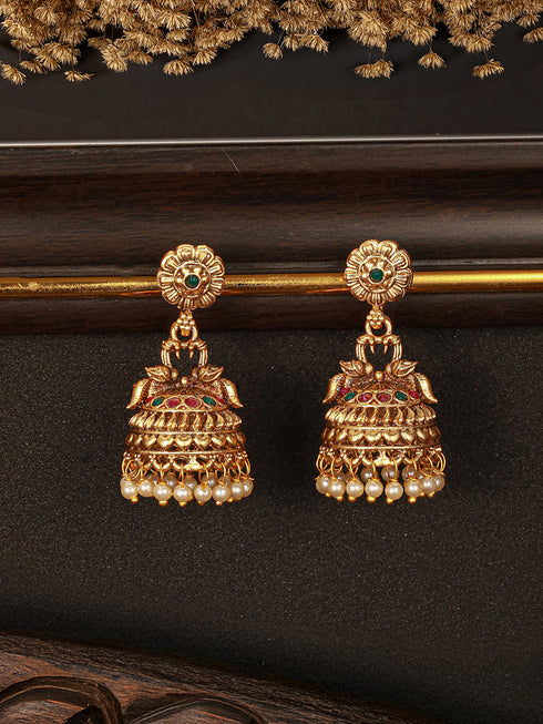 Gold Finish Green Kempo Studded Peacock Design Temple Jhumka Earrings