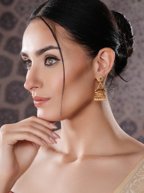 Gold Finish Green Kempo Studded Peacock Design Temple Jhumka Earrings