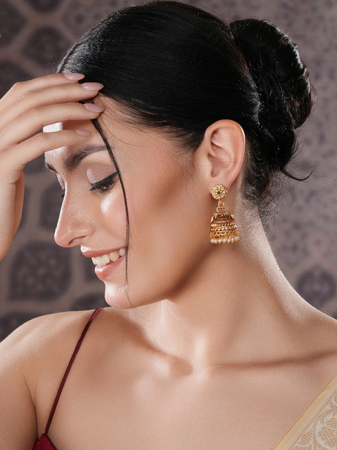 Gold Finish Green Kempo Studded Peacock Design Temple Jhumka Earrings