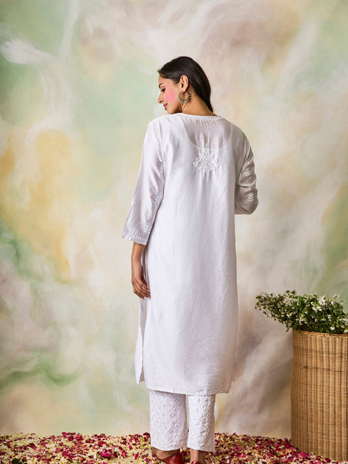 Hand Embroidery Chikankari Long Kurti for Women In Chanderi Silk White-6