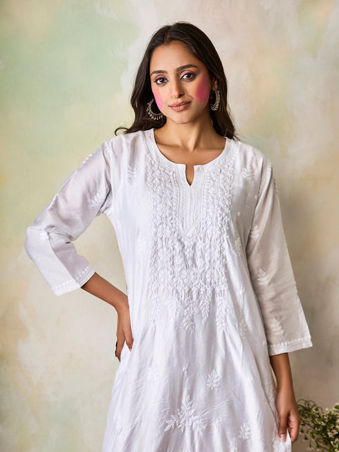 Hand Embroidery Chikankari Long Kurti for Women In Chanderi Silk White-6