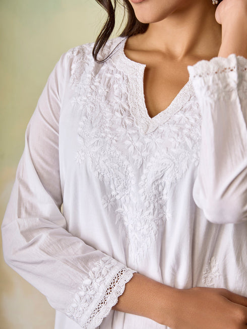 Hand Embroidery Chikankari Long Kurti for Women White-5