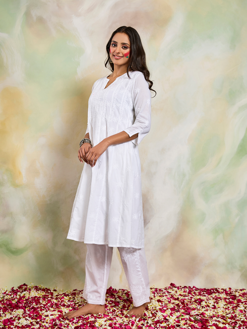 Noor Chikankari Hand embroidery Anarkali Dress in Cotton White