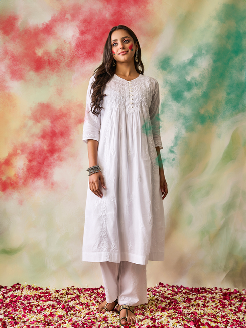 Noor Hand Embroidery Chikankari Long Kurti for Women in White