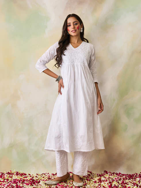 Hand embroidery Chikankari Long Kurta-White