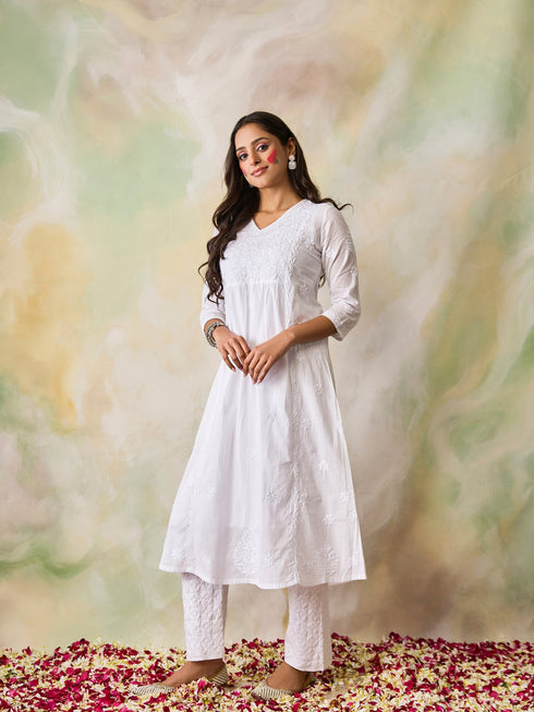 Hand embroidery Chikankari Long Kurta-White