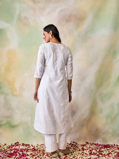 Hand embroidery Chikankari Long Kurta-White