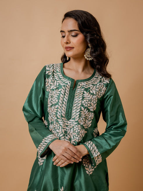 Saba Silk Chikankari Kurta Set for Women - Mehndi Green