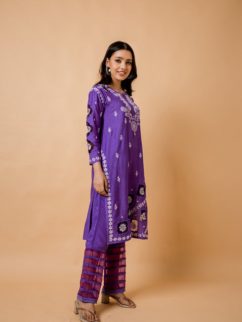 Purple Chikankari Chanderi Silk Kurta by Fizaa