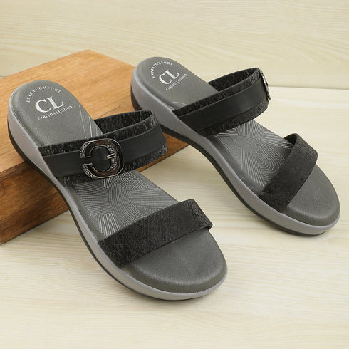 Women's Black Double Strap Slip-On Comfort Sandals