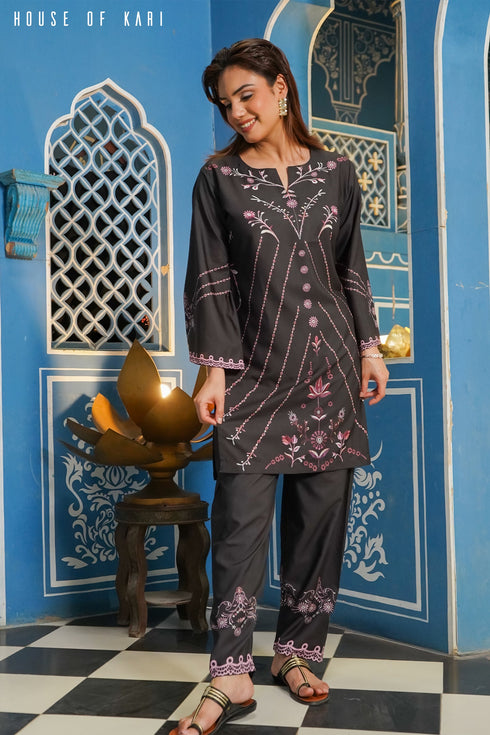 Printkari Poly Muslin Co-ord set in Black & Pink