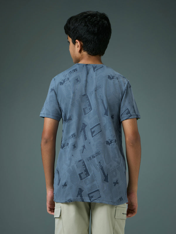 Boys Self Design Slim Fit Crew Neck T-shirt with DOUBLE COOL