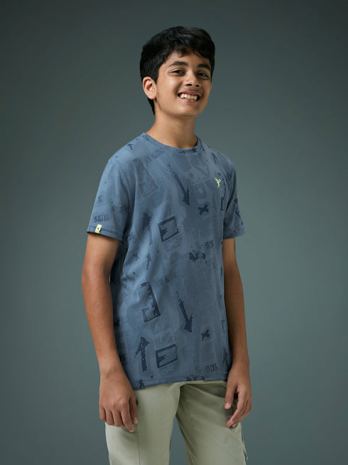 Boys Self Design Slim Fit Crew Neck T-shirt with DOUBLE COOL