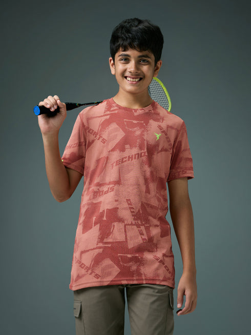 Boys Self Design Slim Fit Crew Neck T-shirt with DOUBLE COOL