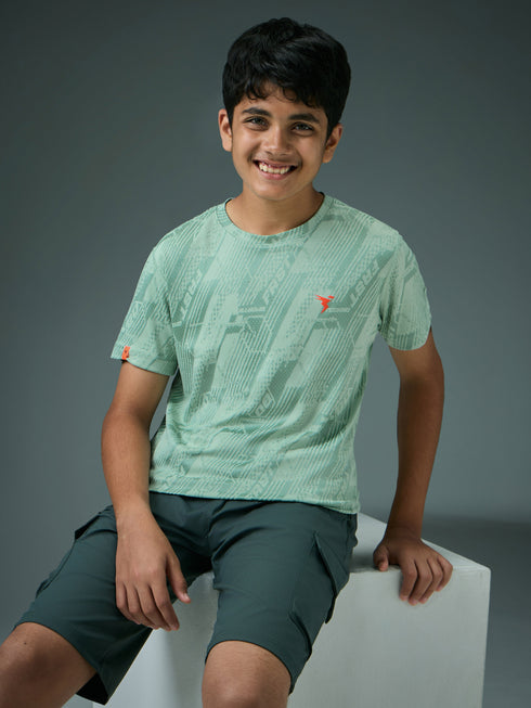 Boys Self Design Slim Fit Crew Neck T-shirt with DOUBLE COOL