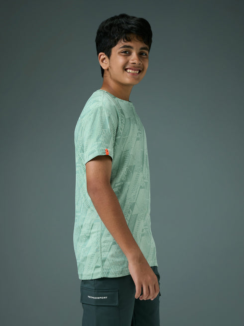 Boys Self Design Slim Fit Crew Neck T-shirt with DOUBLE COOL