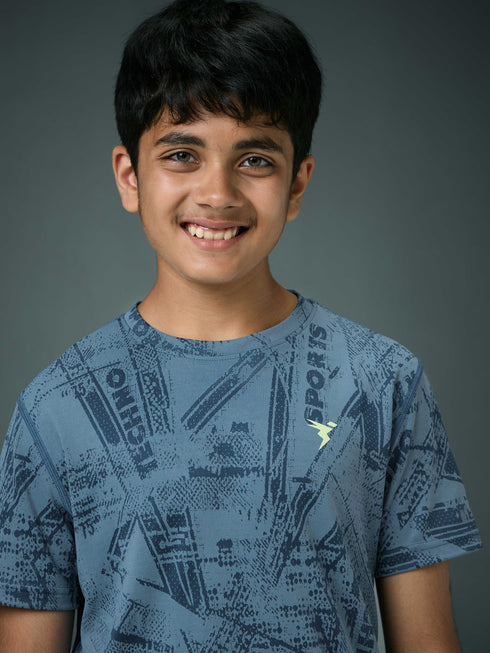 Boys Self Design Slim Fit Crew Neck T-shirt with DOUBLE COOL