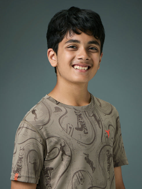 Boys Self Design Slim Fit Crew Neck T-shirt with DOUBLE COOL