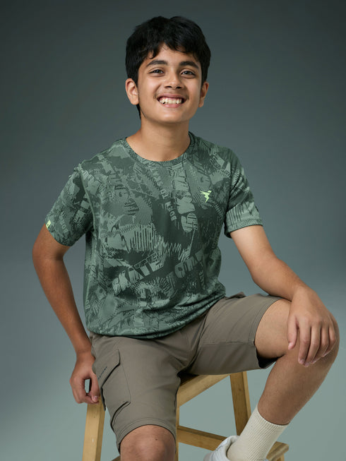 Boys Self Design Slim Fit Crew Neck T-shirt with DOUBLE COOL